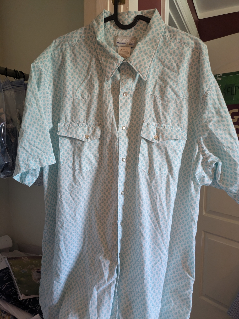 Wrangler "Wrancher" Pale Blue Short-Sleeve Western Pearl Snap Shirt, Men's 2XT